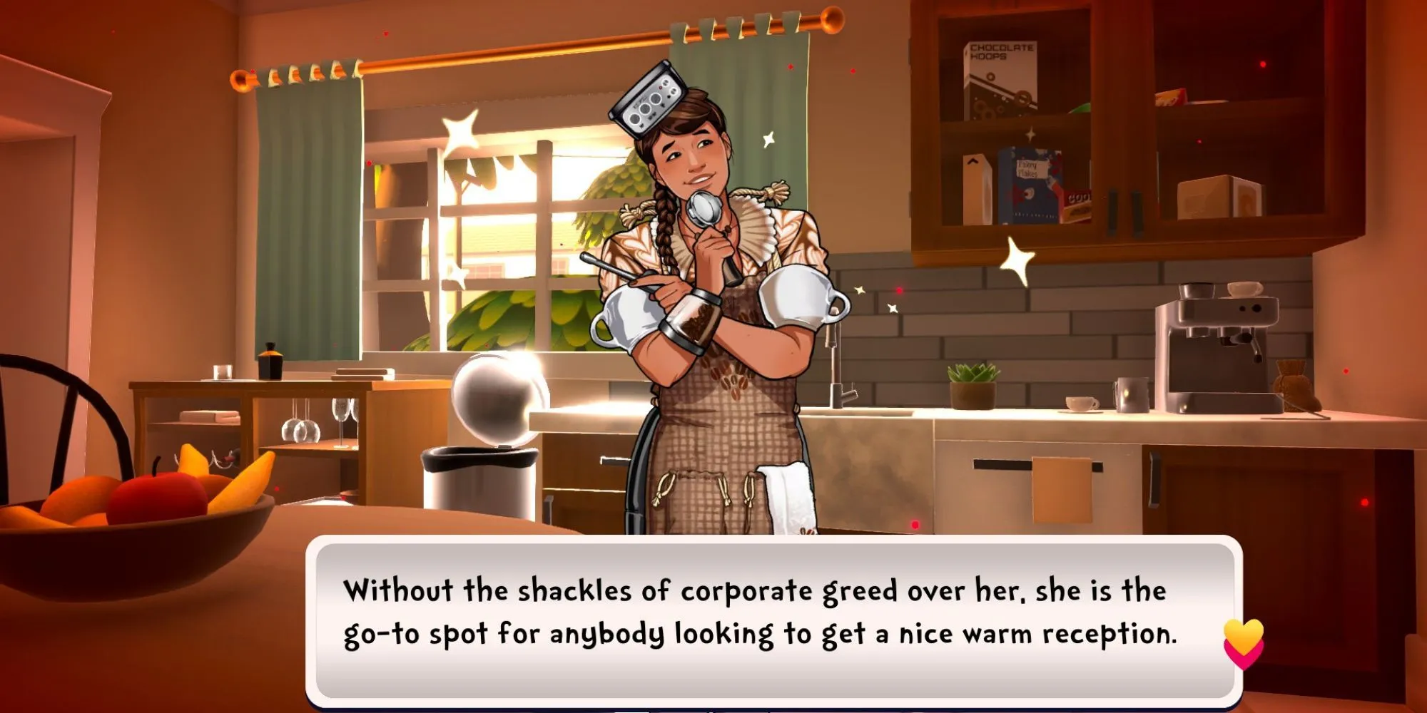 ảnh chụp màn hình game Date Everything hiển thị nhân vật chính ngồi trên sofa và một Dateable là chiếc TV