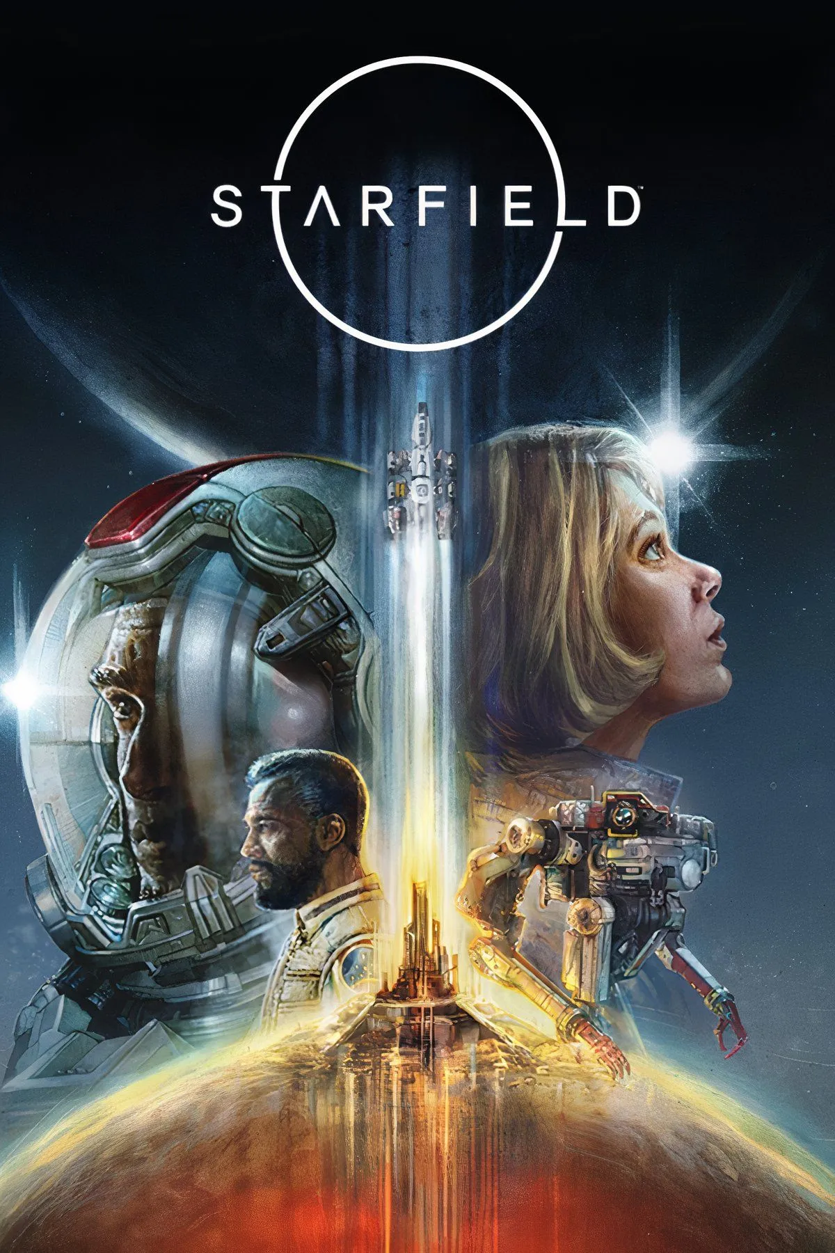 Ảnh tổng hợp về tàu vũ trụ, hành tinh và nhân vật trong game Starfield.