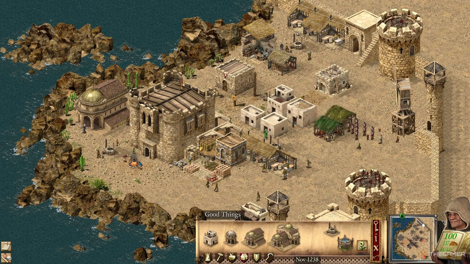 Bắt đầu nhiệm vụ chiến dịch Tyre trong Stronghold Crusader Definitive Edition, có một pháo đài và nhà thờ đã được xây dựng sẵn với nguồn cung dồi dào phía sau tường đá.