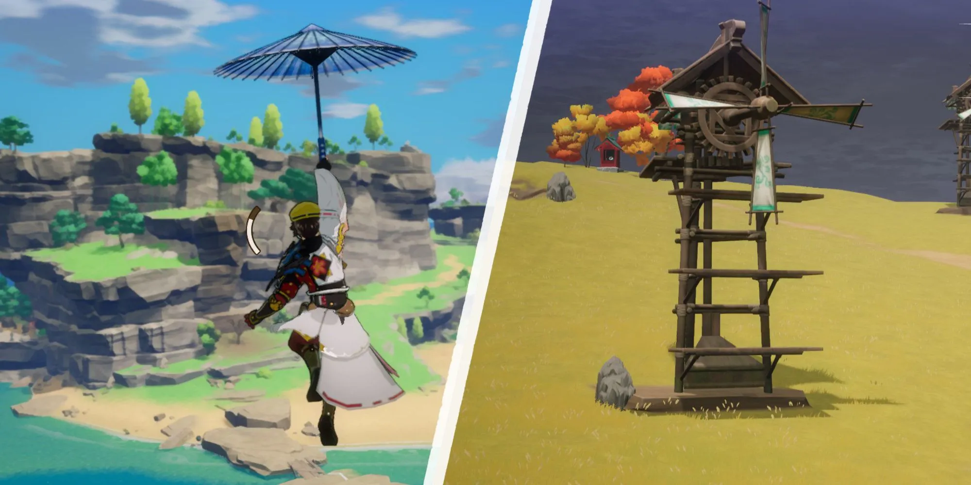 Bay dù và leo cối xay gió khi khám phá trong Rune Factory: Guardians of Azuma.