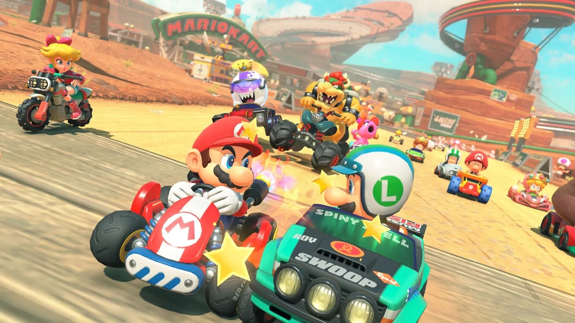 Cảnh đua xe trong Mario Kart World