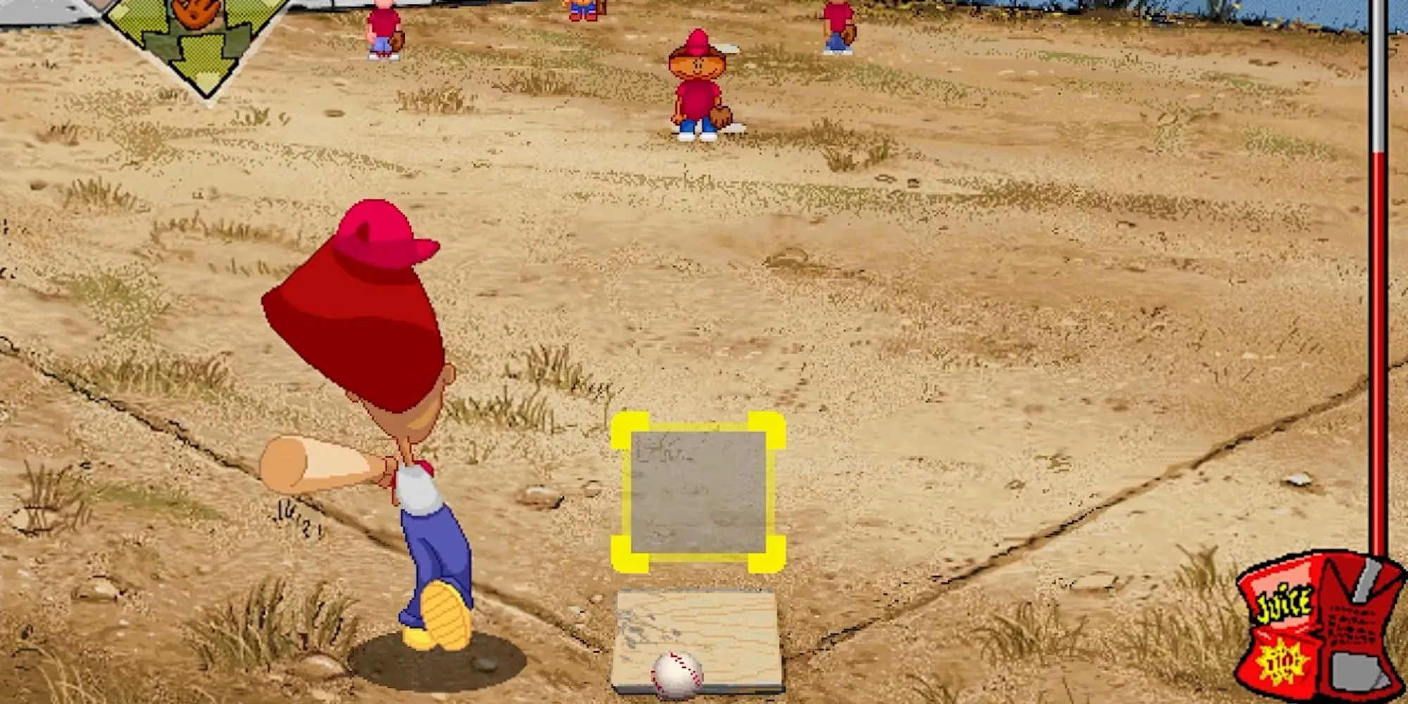Cảnh game thủ đang thực hiện cú đánh trong Backyard Baseball 2001