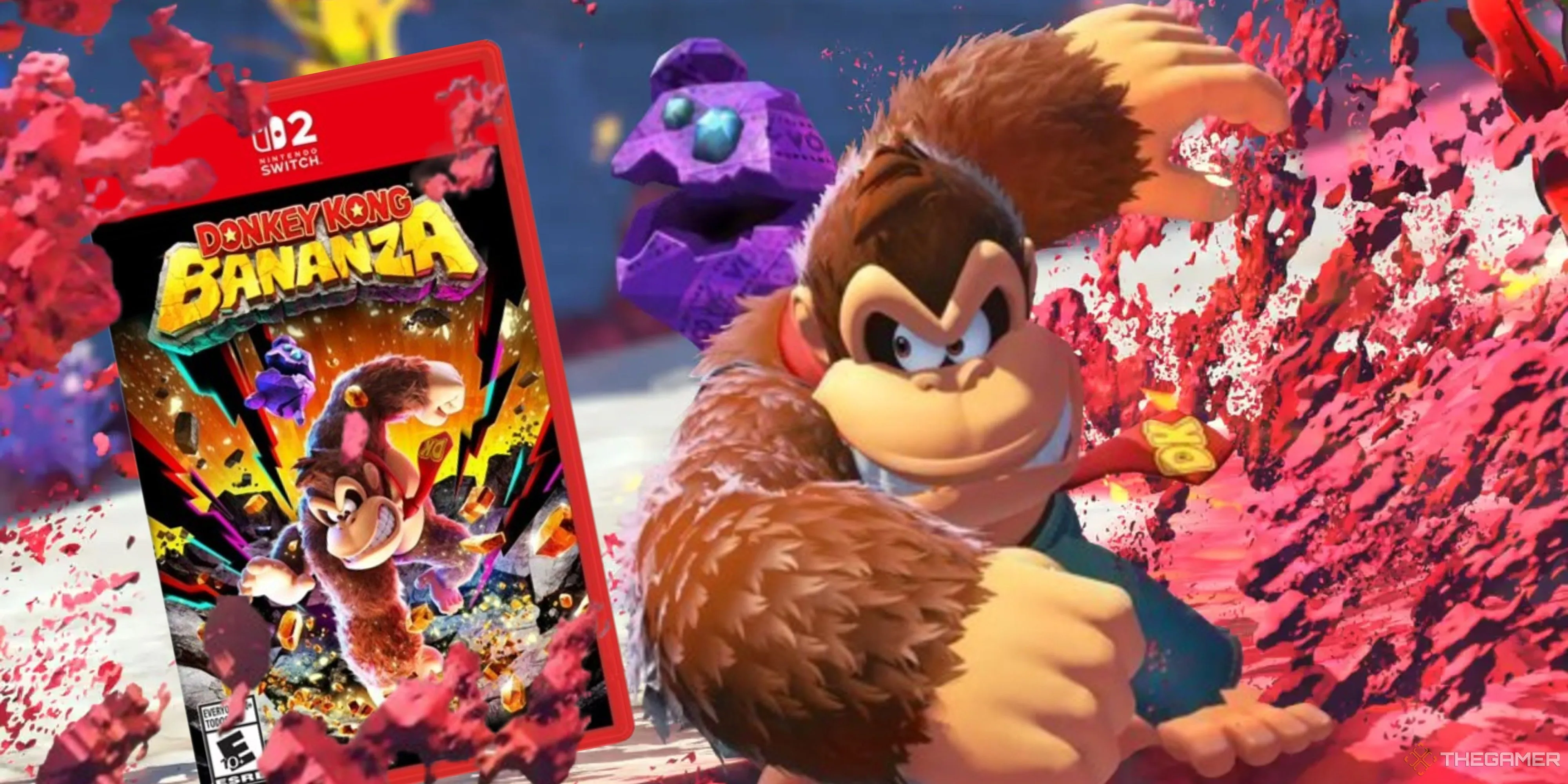 Donkey Kong đang đấm vỡ một bản game Donkey Kong Bananza trong game, thể hiện yếu tố phá hủy cốt lõi.