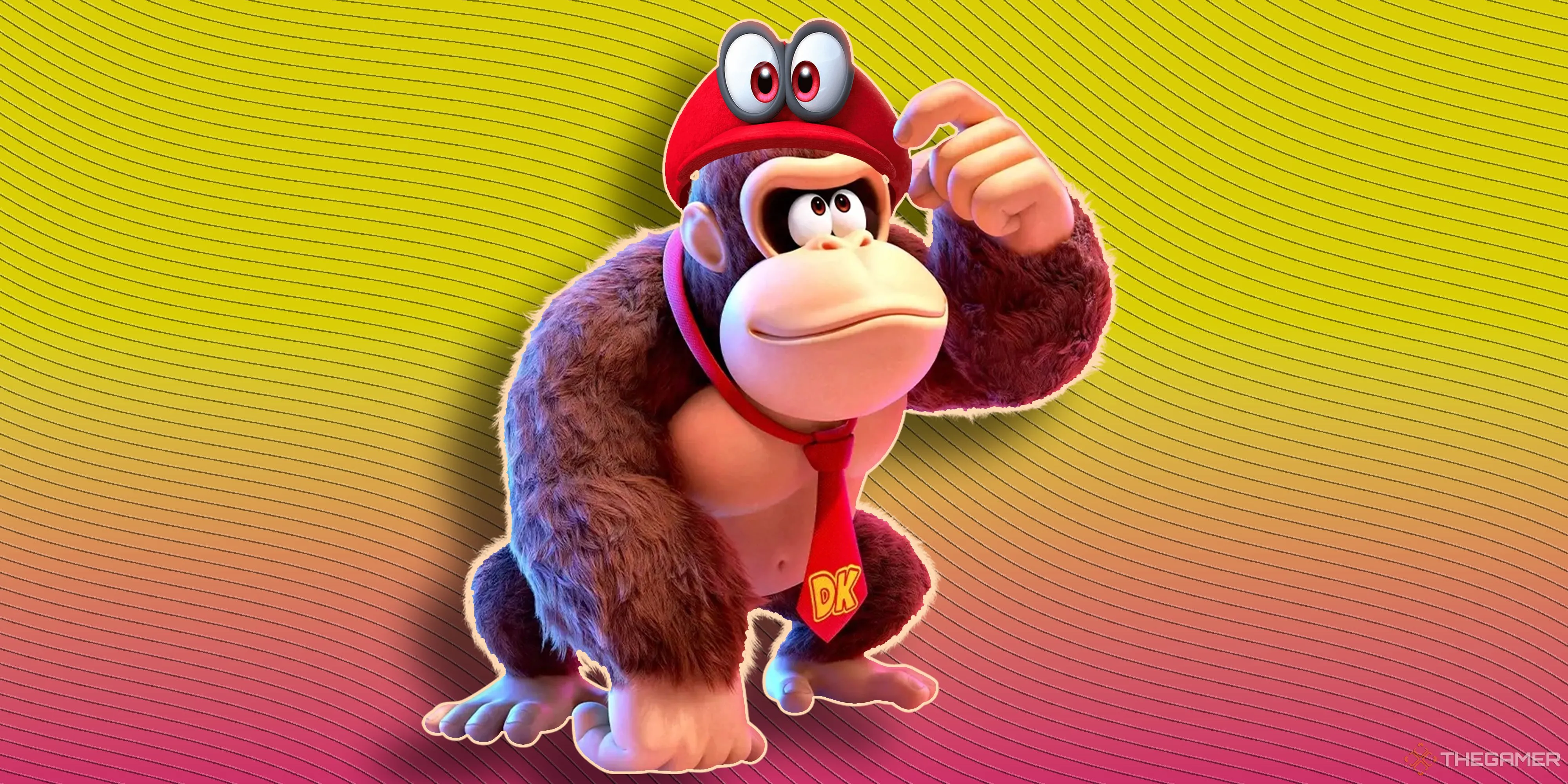 Donkey Kong đội mũ Cappy của Super Mario Odyssey, biểu tượng cho phong cách mới và kỳ vọng về Donkey Kong Bananza.