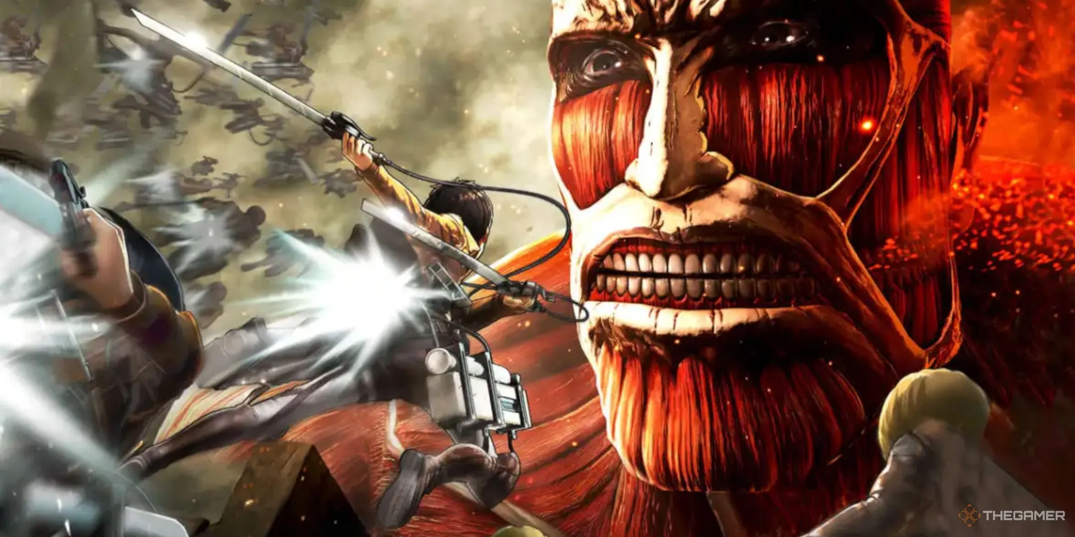 Eren đang sử dụng hệ thống Omni-directional Mobility Gear để tiếp cận Colossal Titan