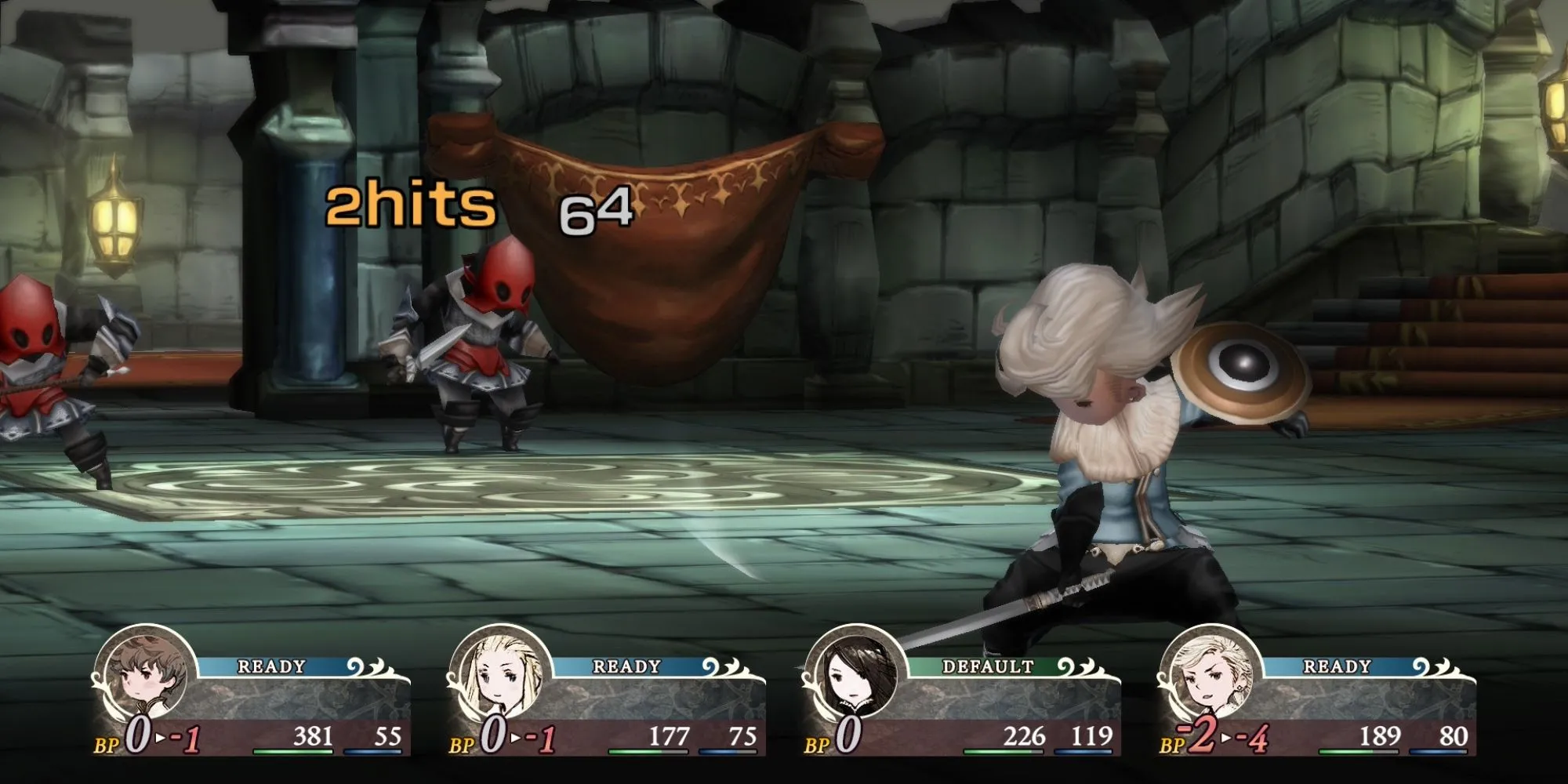 Giao diện chiến đấu Bravely Default HD Remaster trên một màn hình