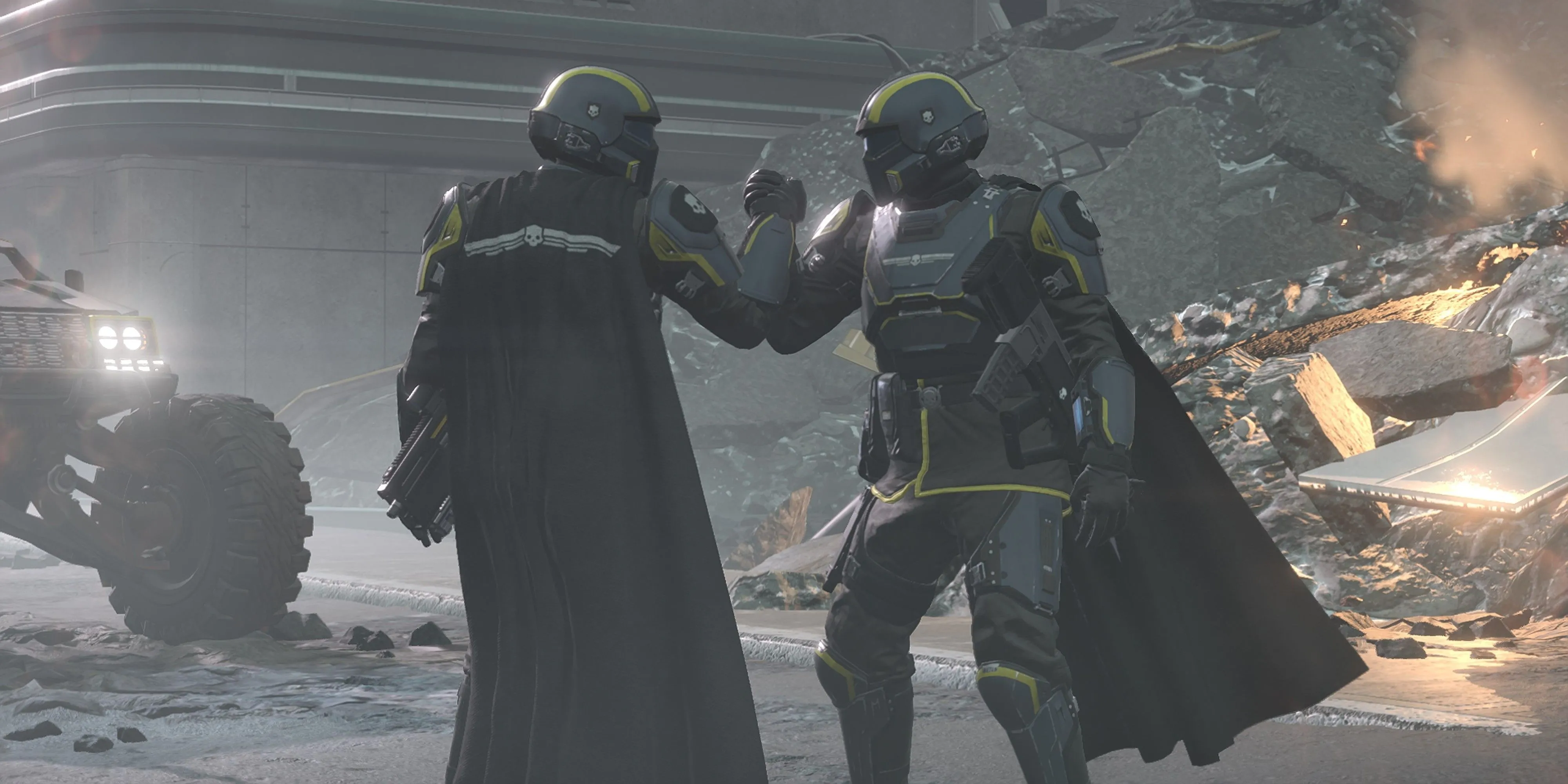 Hai lính Helldivers bắt tay trong Helldivers 2
