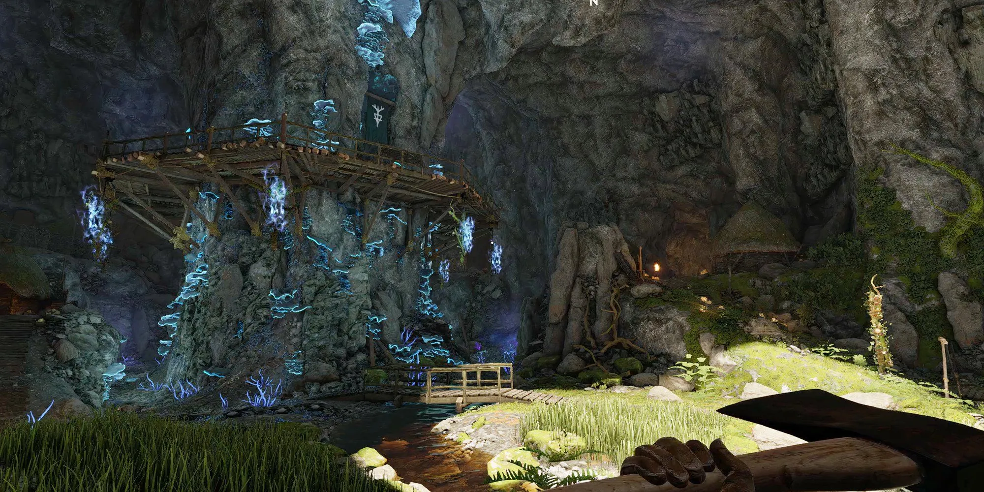 Hang động phát quang xanh biếc, một cảnh quan độc đáo trong DLC Wicked Isle của Atomfall.