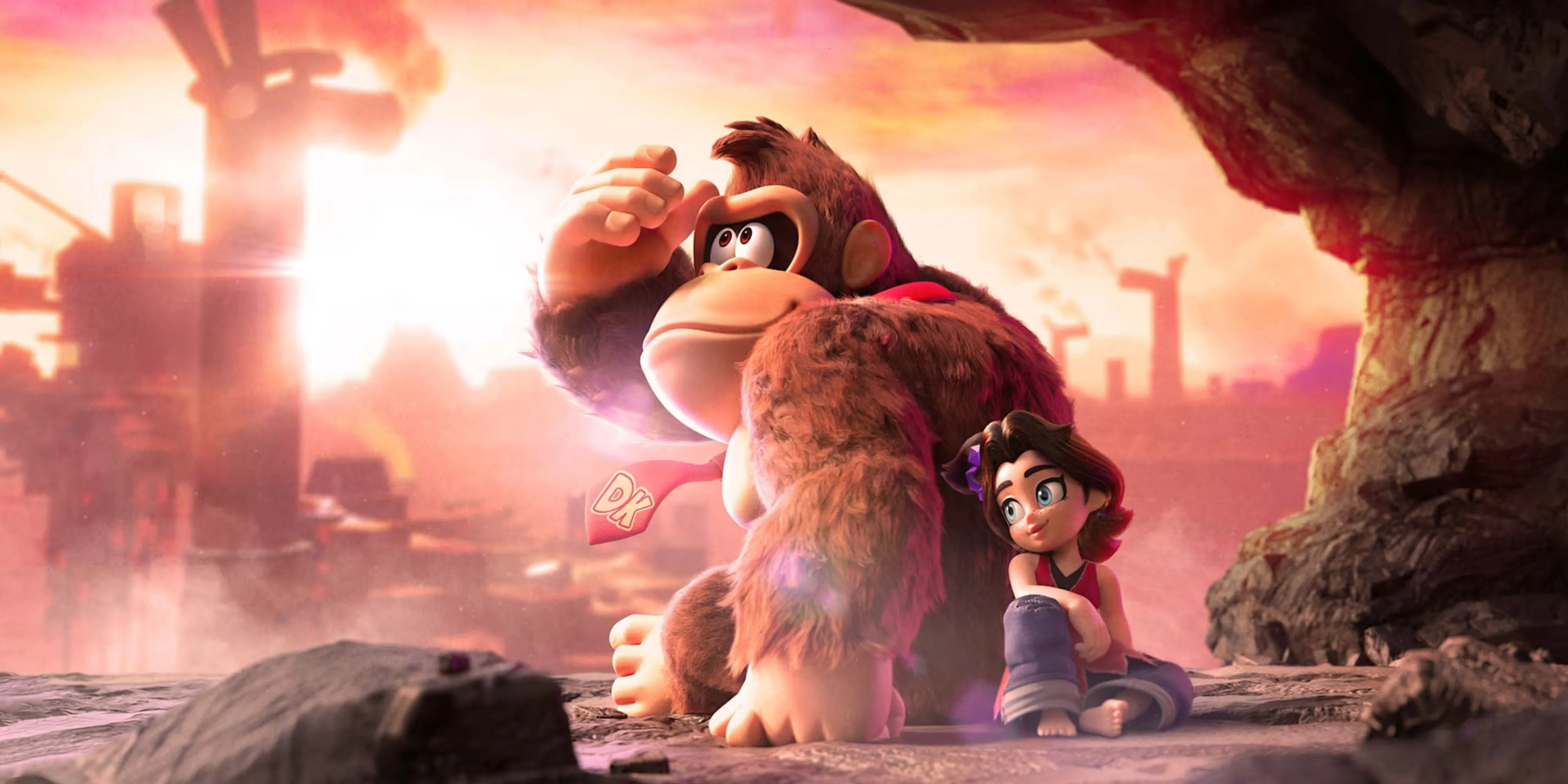 Hình ảnh Donkey Kong và Pauline trong phiên bản thử nghiệm Donkey Kong Bananza trên Nintendo Switch đời đầu, cho thấy môi trường sơ sài.