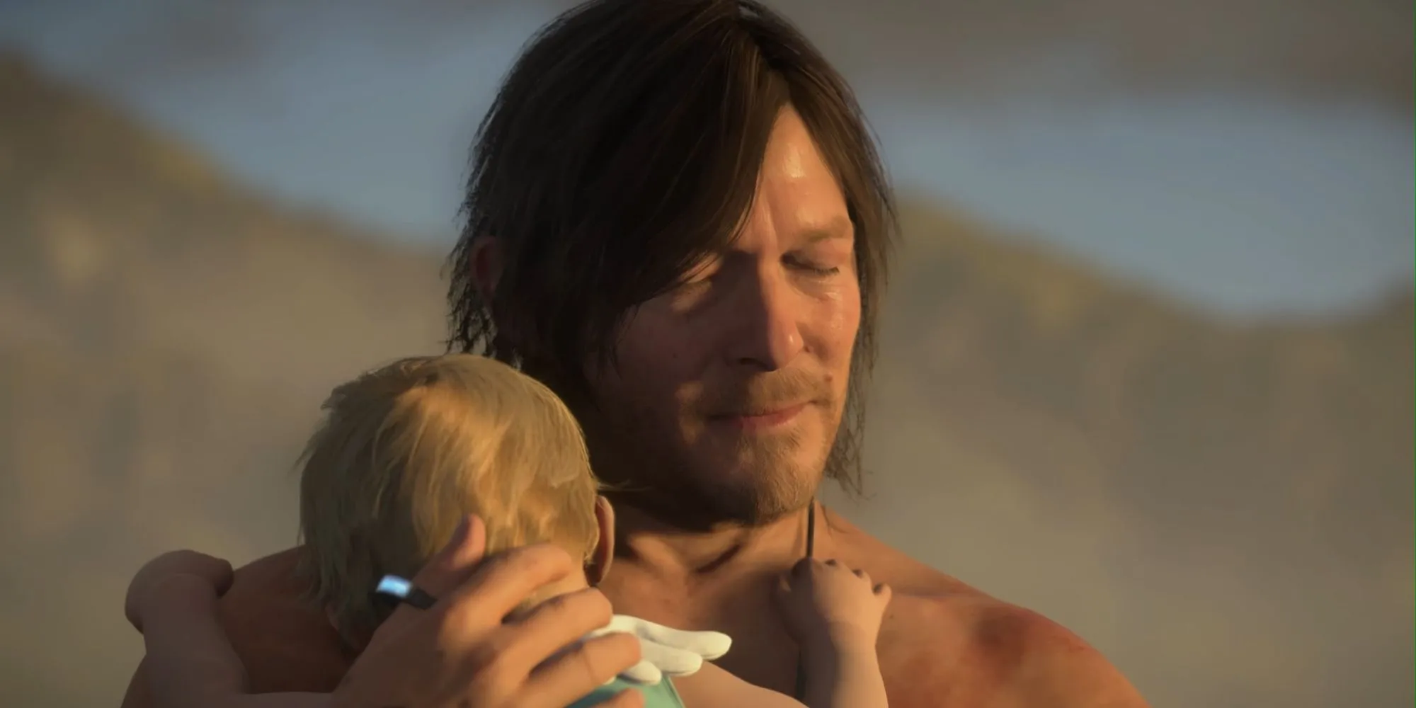 Hình ảnh Sam Bridges đang nhìn vào một hố sâu kỳ lạ trên cảnh quan hoang tàn trong Death Stranding 2.