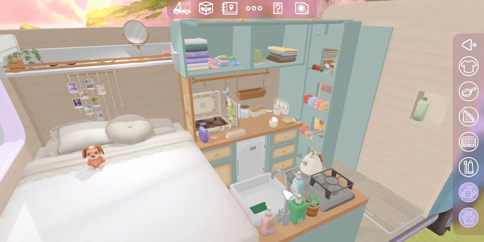 Hình ảnh sắp xếp nội thất xe cắm trại mang lại cảm giác ASMR trong game Camper Van Make it Home