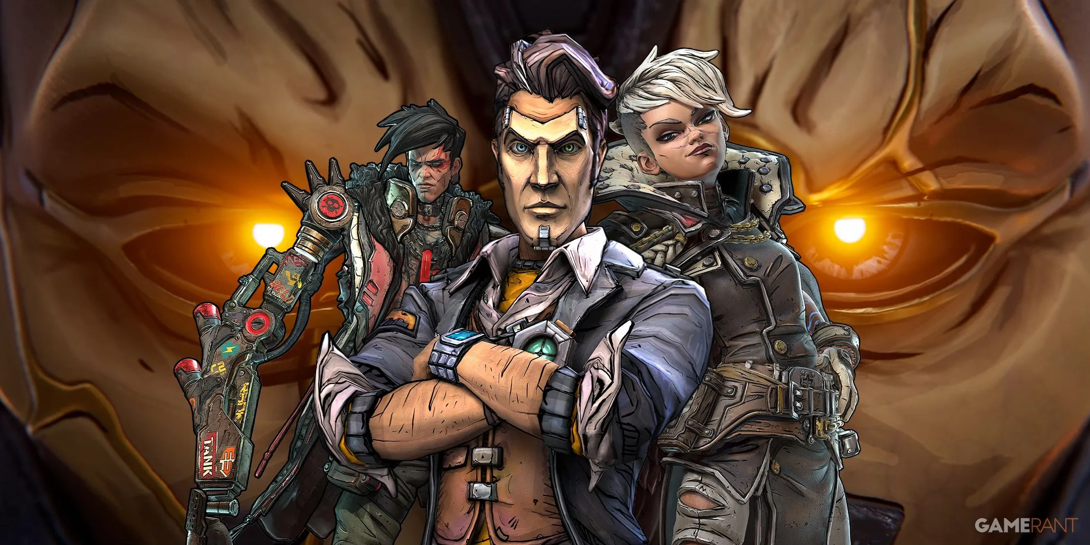 Hình ảnh so sánh ba nhân vật phản diện chính của series Borderlands: Timekeeper (Borderlands 4), Handsome Jack và Calypso Twins, nhấn mạnh sự khác biệt trong phong cách.