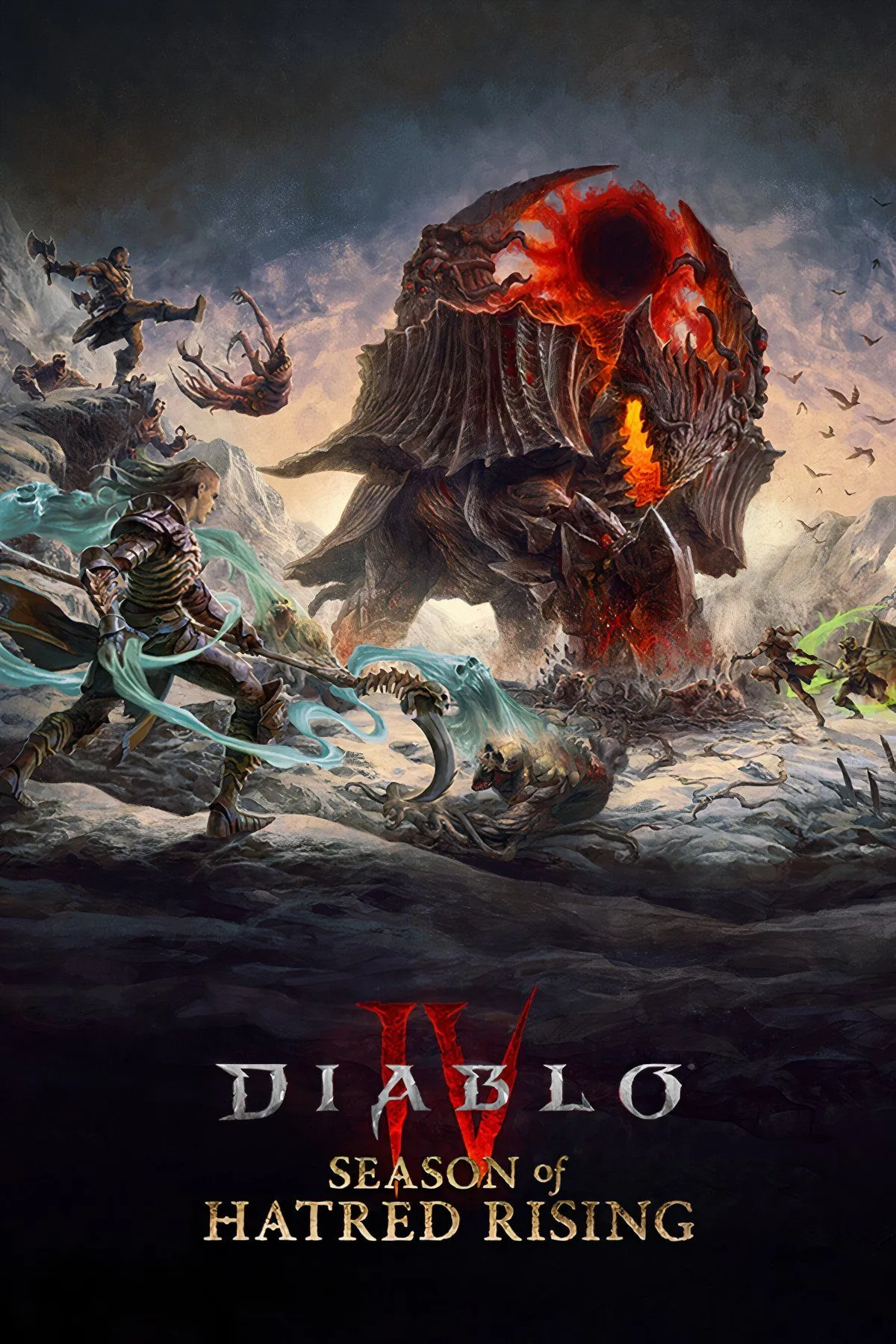 Hình ảnh tổng hợp các nhân vật và biểu tượng đặc trưng của Diablo 4, đại diện cho thế giới game u tối và khốc liệt.