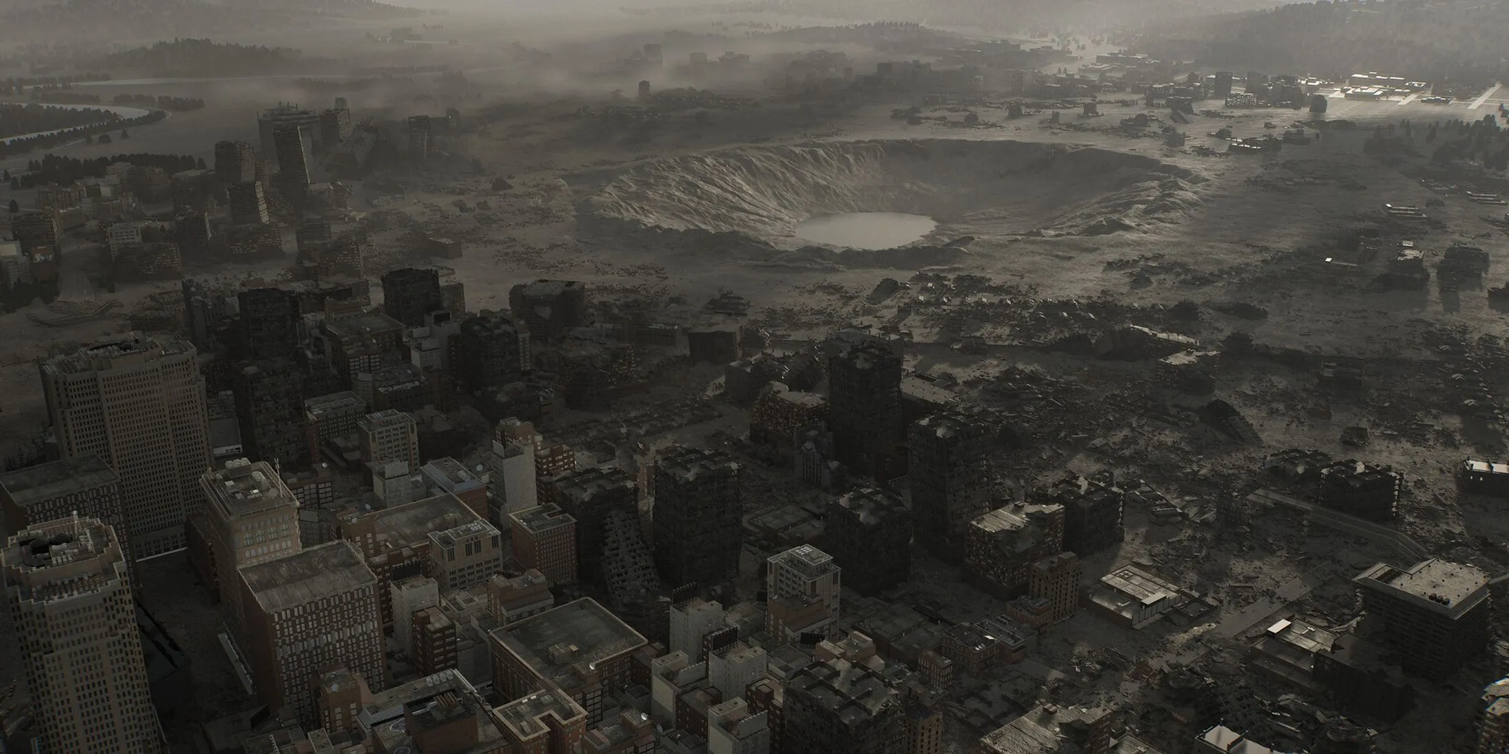 Miệng hố khổng lồ tại vị trí Raccoon City cũ trong RE Requiem