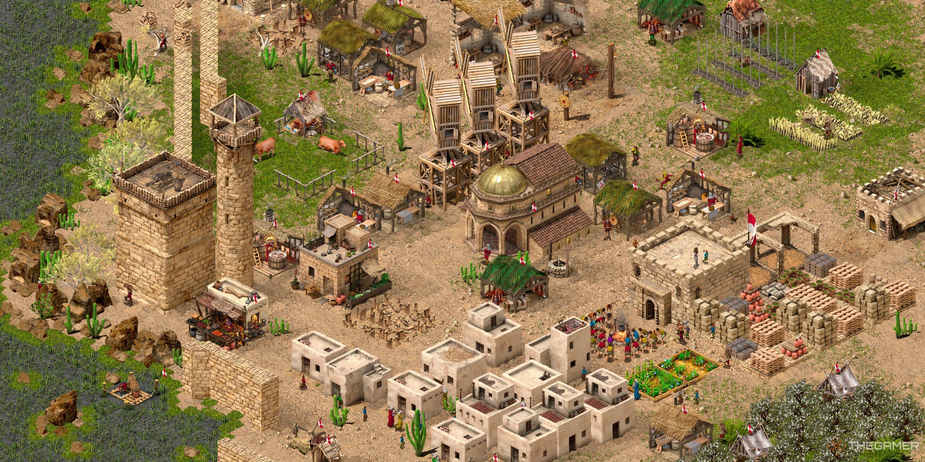 Một khu định cư Stronghold Crusader Definitive Edition ở giai đoạn đầu đến giữa trận đấu.