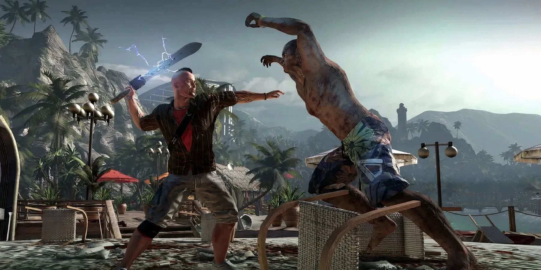 Một nhân vật game Dead Island 2 đang dùng mã tấu tấn công zombie khát máu trong môi trường hoang tàn.