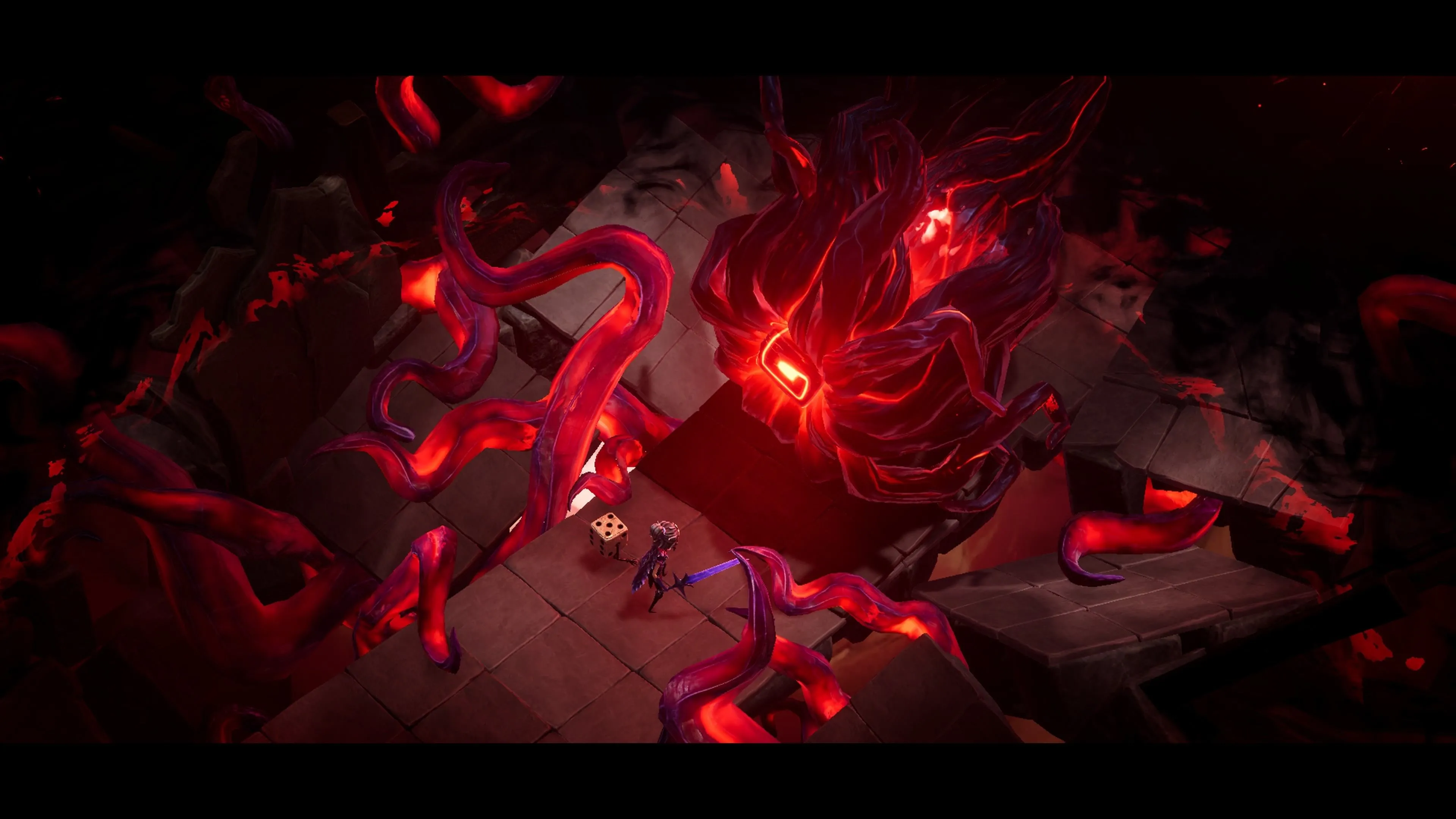 Một trận chiến boss trong Lost in Random The Eternal Die thể hiện góc nhìn isometric và cơ chế chiến đấu