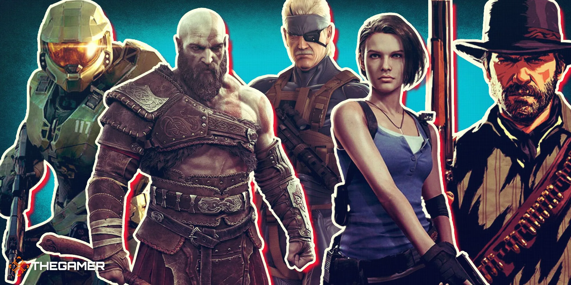 Những anh hùng game biểu tượng từ các tựa game Halo Infinite, God of War Ragnarok, Metal Gear Solid 4, Resident Evil 3 và Red Dead Redemption