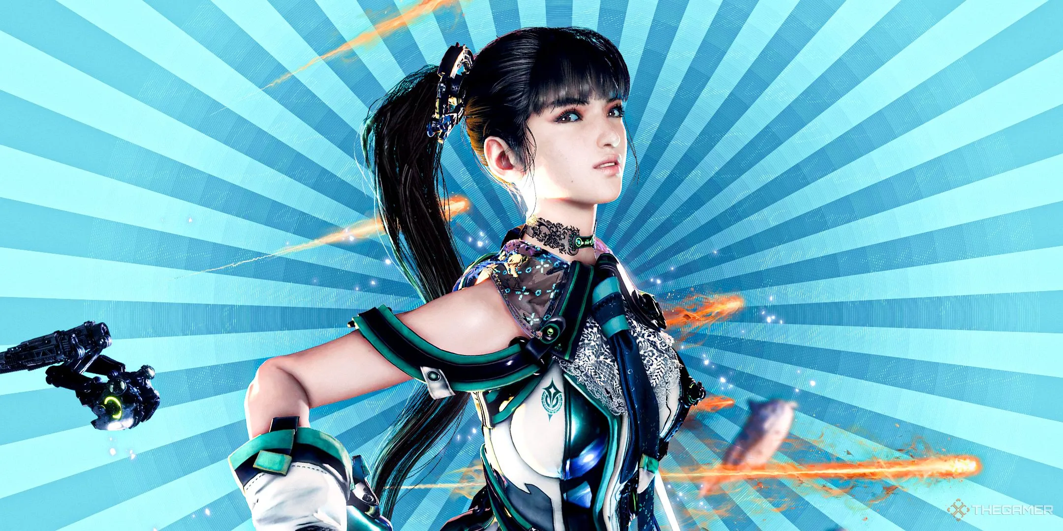 Nữ chính Eve từ Stellar Blade với bối cảnh xanh, biểu tượng của tựa game