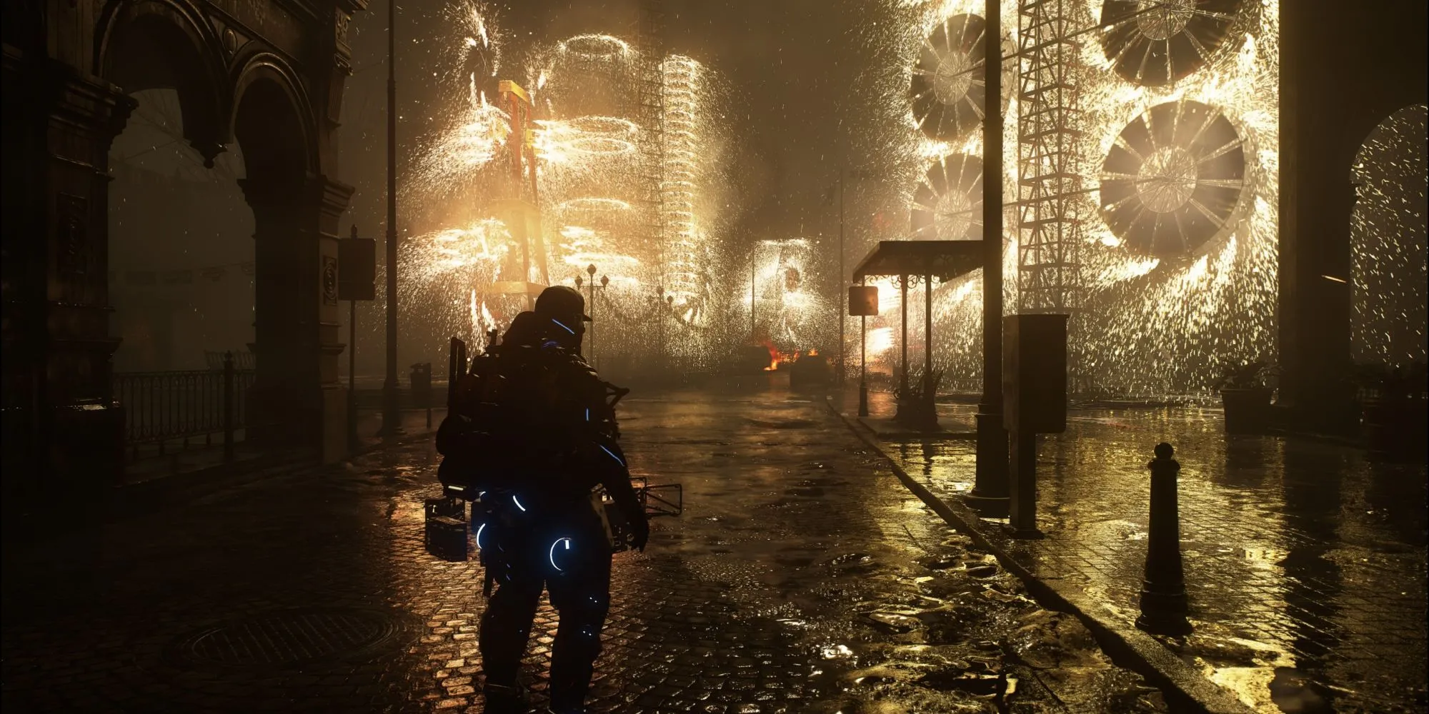 Sam Bridges đang nhìn vào cảnh quan thành phố đổ nát với những tòa nhà chọc trời bị hư hại trong Death Stranding 2.