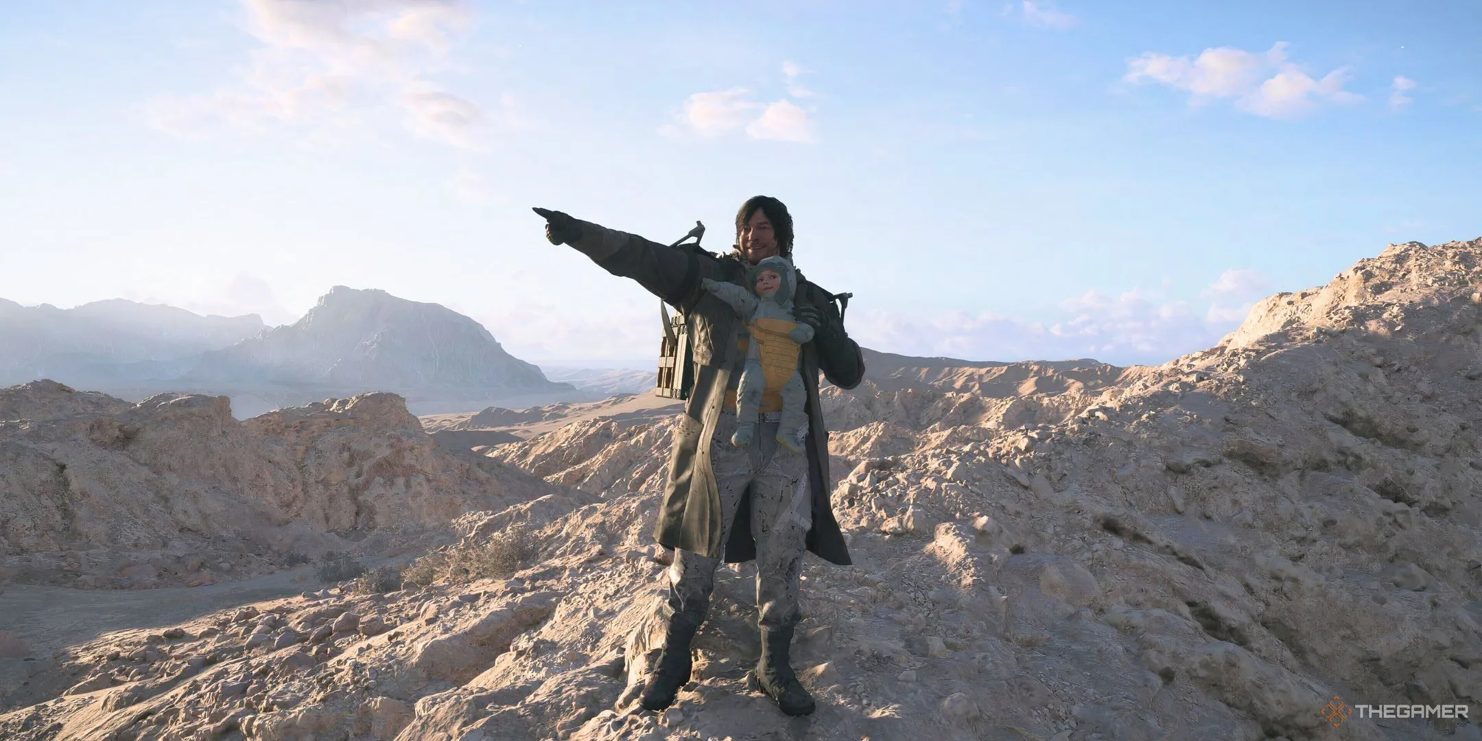 Sam Porter Bridges trong áo khoác đen ôm Lou trong Death Stranding 2: On the Beach, biểu tượng của sự cô độc nhưng vẫn gắn kết.
