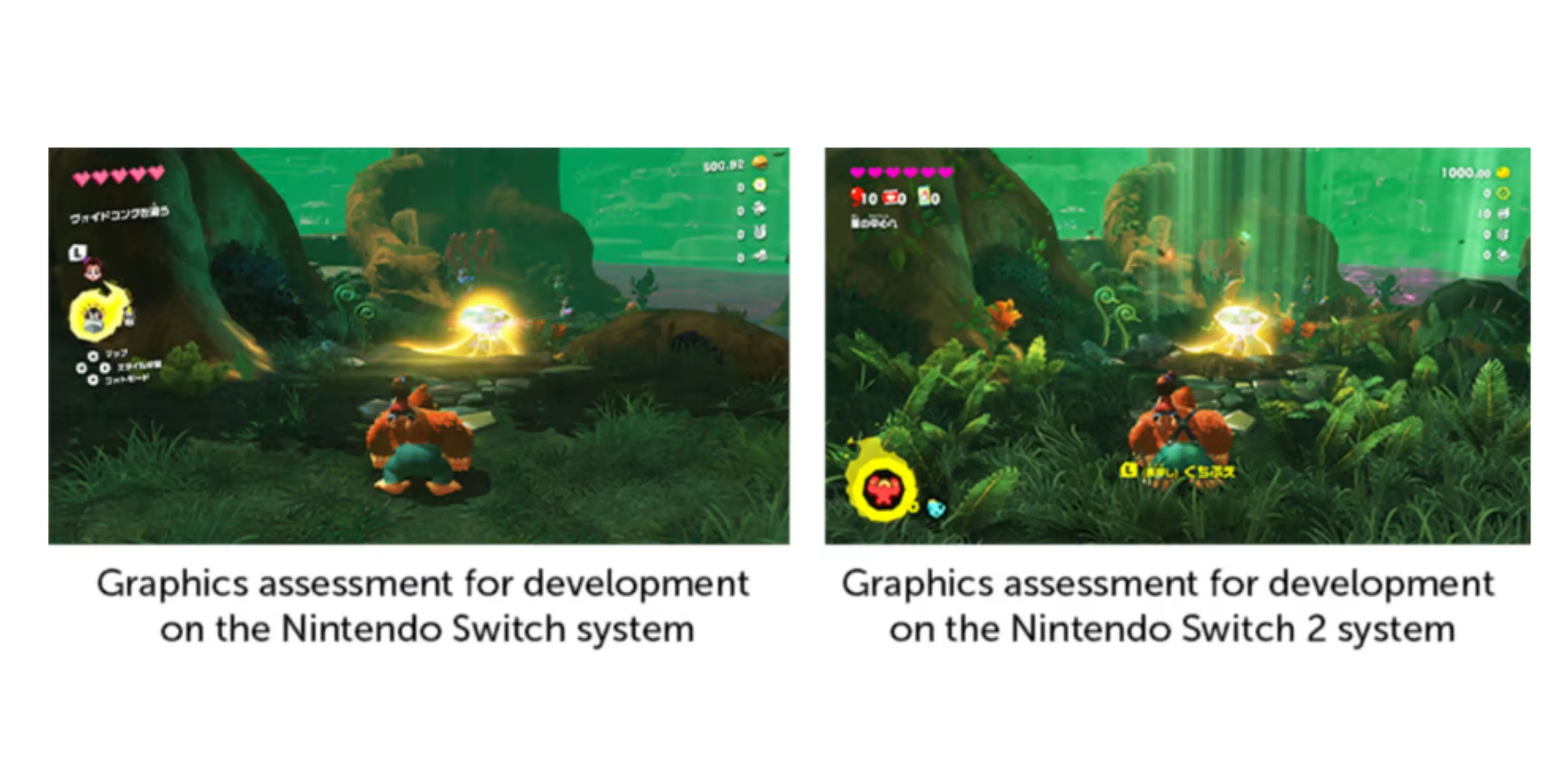 So sánh trực quan đồ họa Donkey Kong Bananza giữa Nintendo Switch (trái) và Nintendo Switch 2 (phải), thể hiện sự khác biệt lớn về chi tiết môi trường.