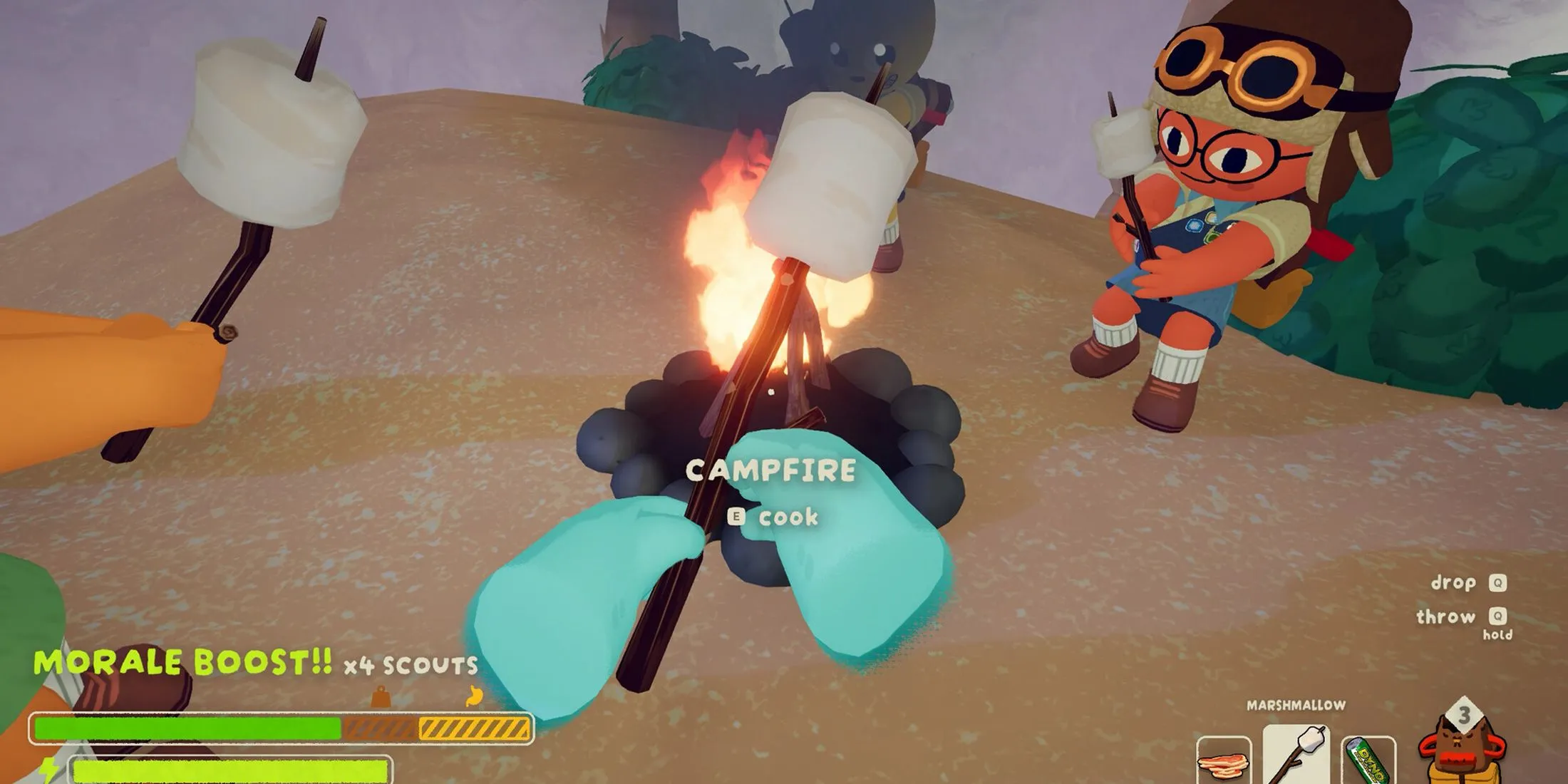 Tổng quan cảnh trại lửa ấm cúng trong Peak, nơi game thủ có thể nghỉ ngơi và chia sẻ tài nguyên.