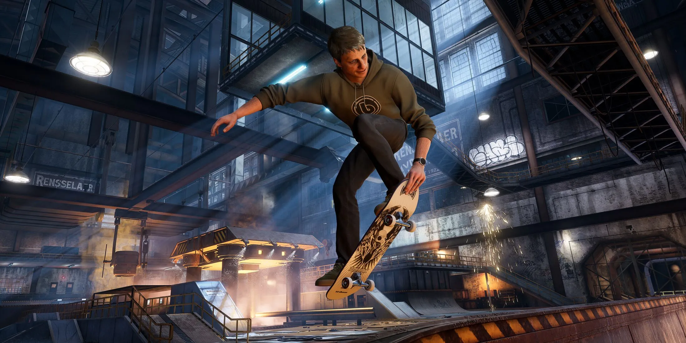 Tony Hawk đang thực hiện cú trượt ván đặc trưng trong môi trường game Tony Hawk's Pro Skater 3 + 4