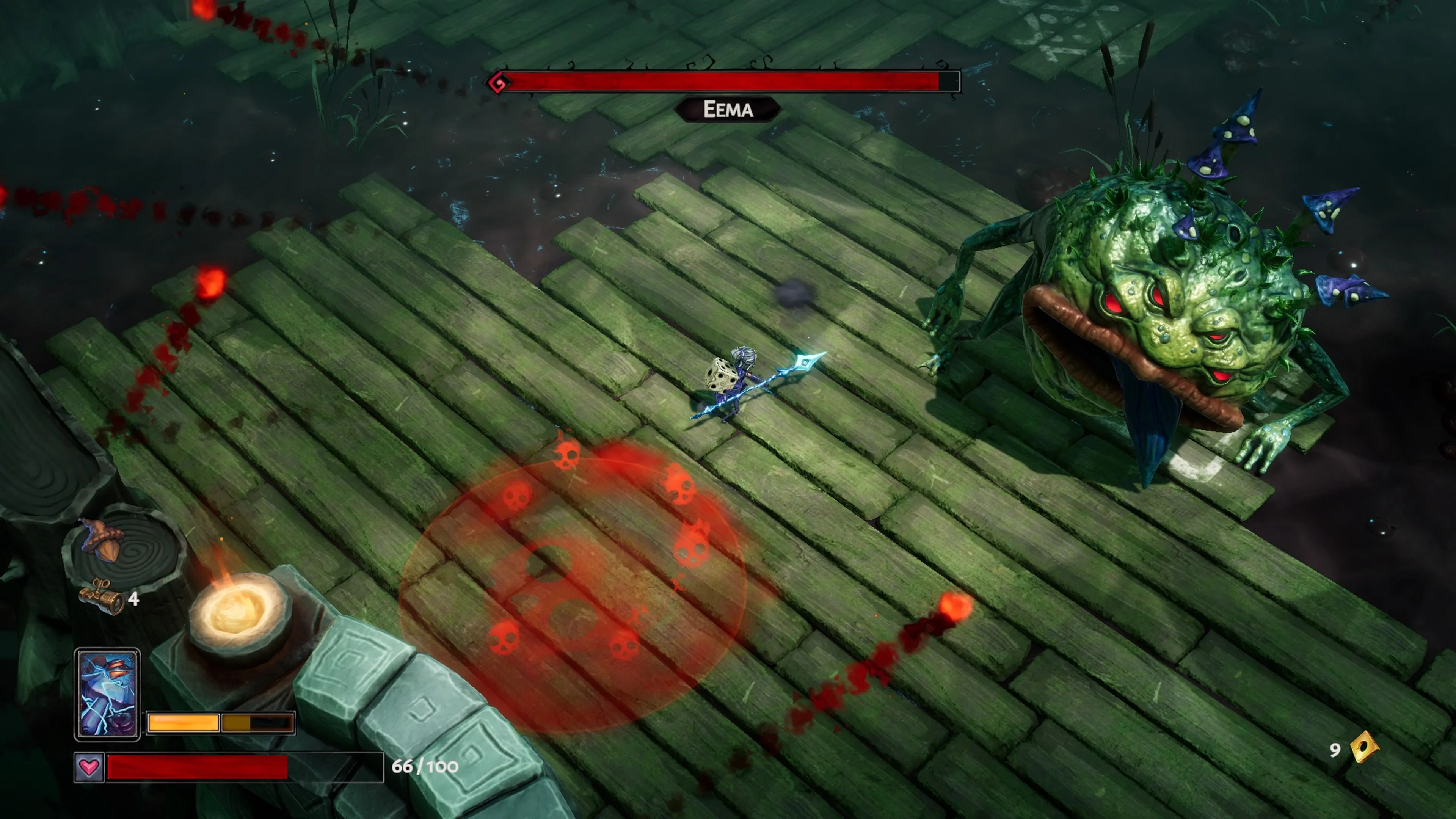 Trận đấu với boss ếch trong một khu vực đầm lầy của Lost in Random The Eternal Die