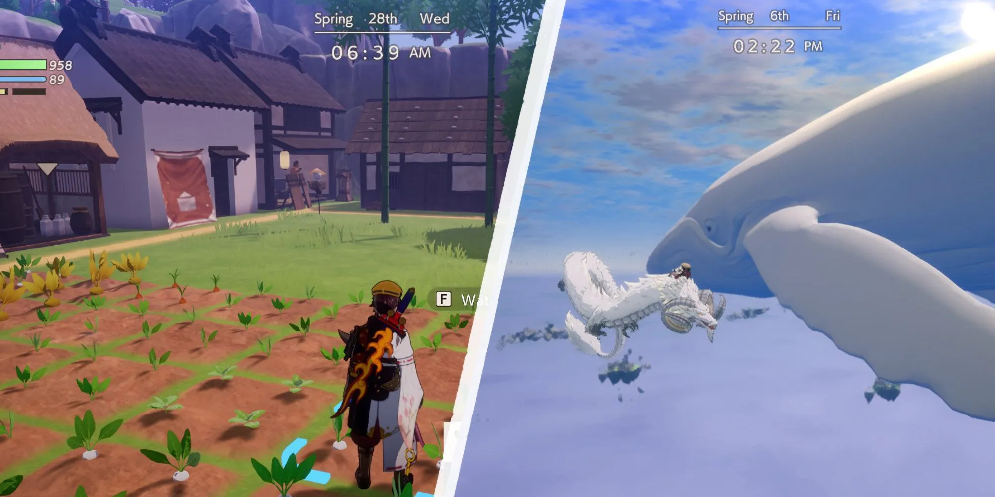 Xây dựng làng và bay gần cá voi trong Rune Factory: Guardians of Azuma.