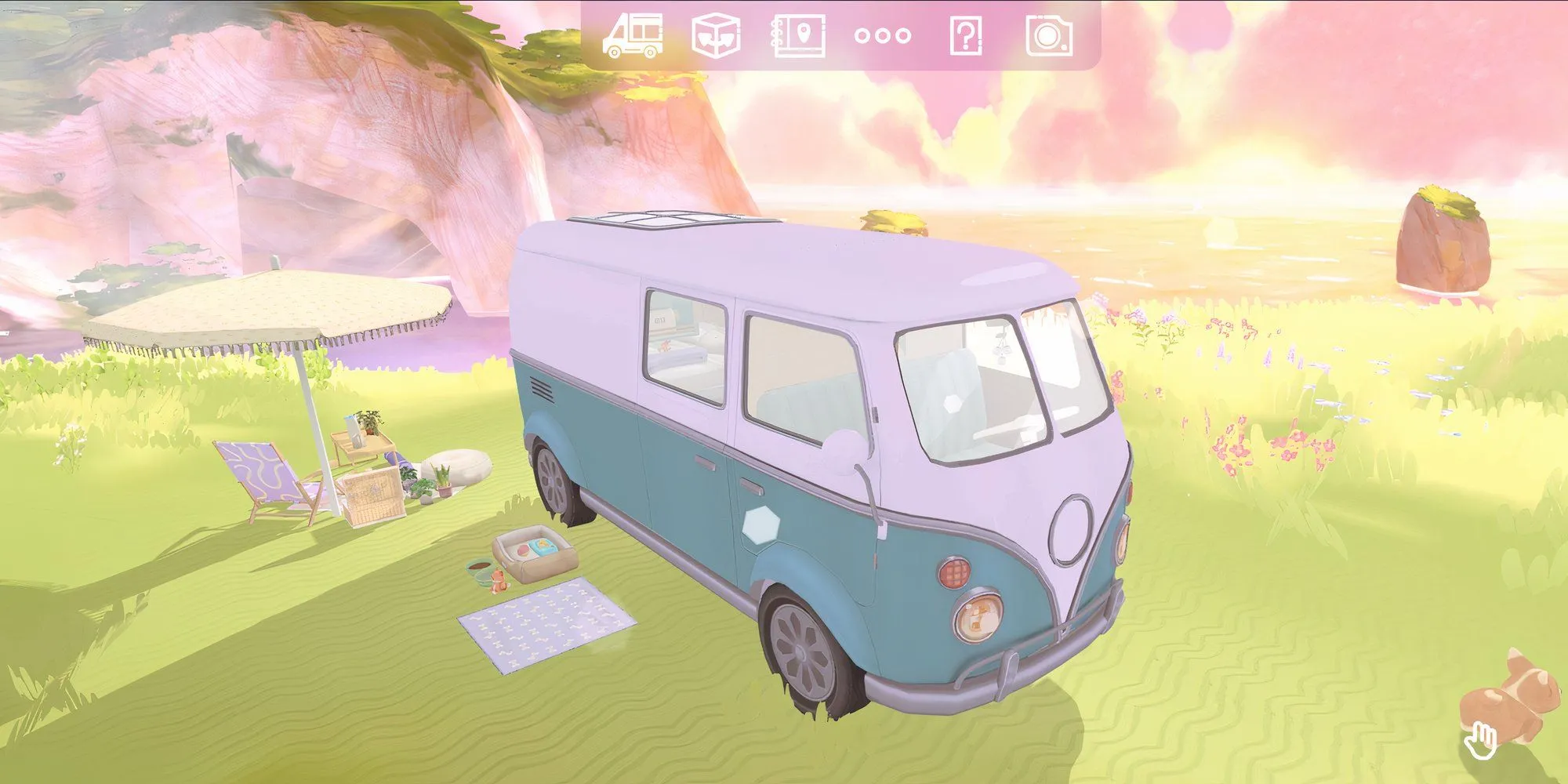 Xe cắm trại màu xanh đậu bên vách đá trong game Camper Van Make it Home